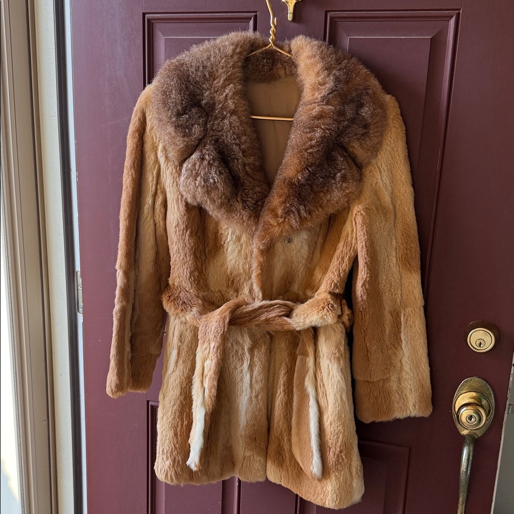 Rabbit Fur Coat Vintage Fur Mob Wife Belted Jacket S/M